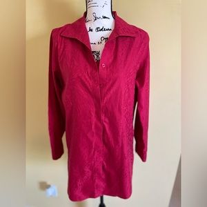 Chico Side 1 Red Button Front Long Sleeve Tunic Style Blouse with red camisole